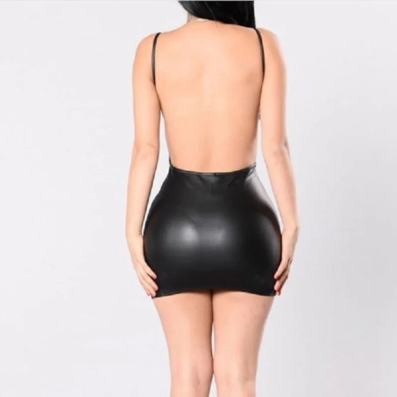 Faux Leather Backless Mini Dress