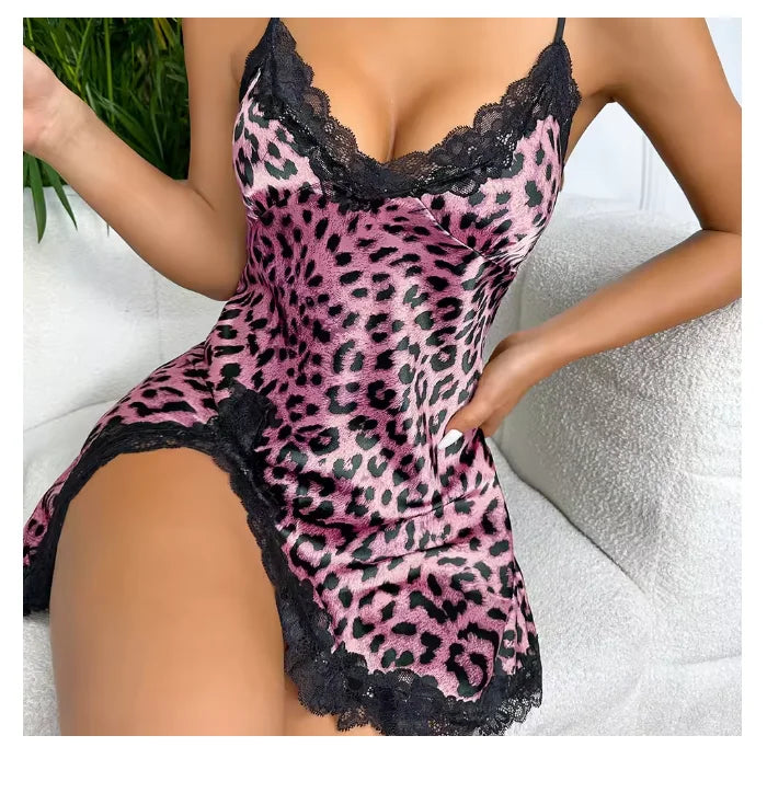 Leopard Lace Trim Slip Dress