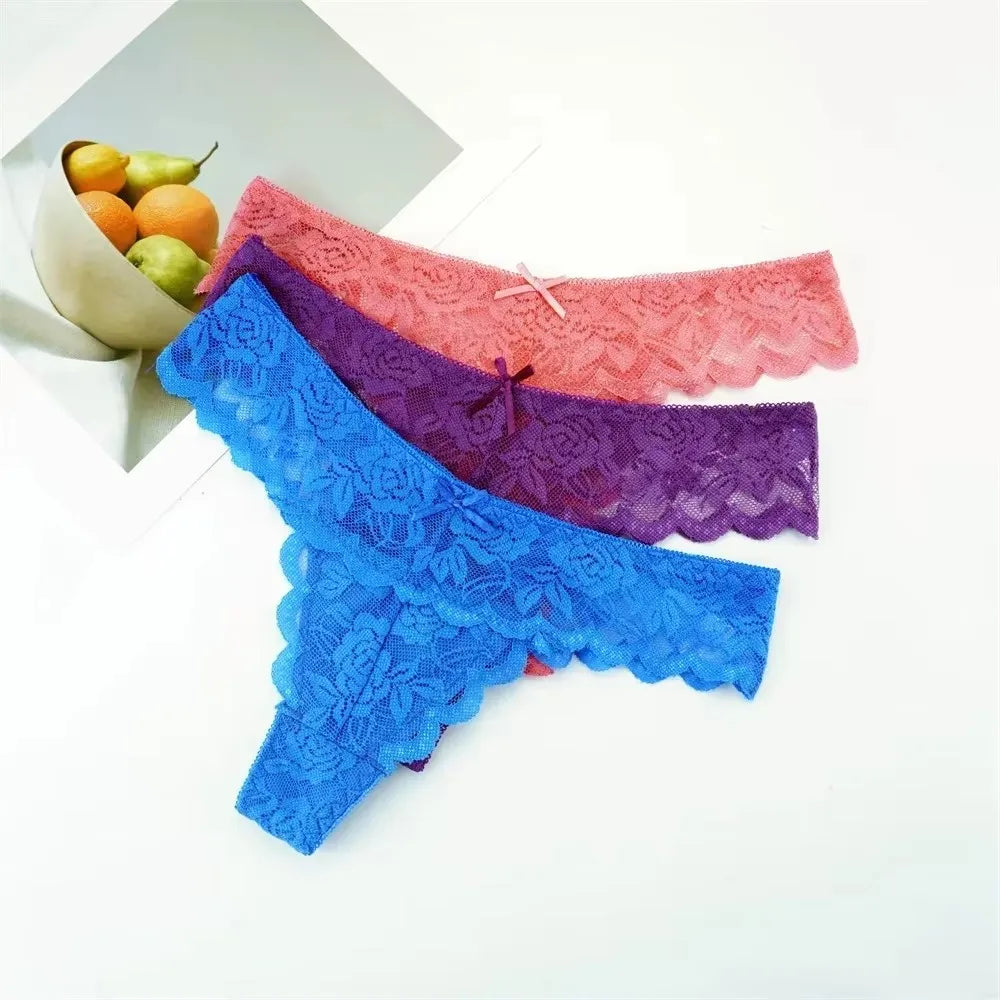 Sheer Lace Thong Panties 3PC