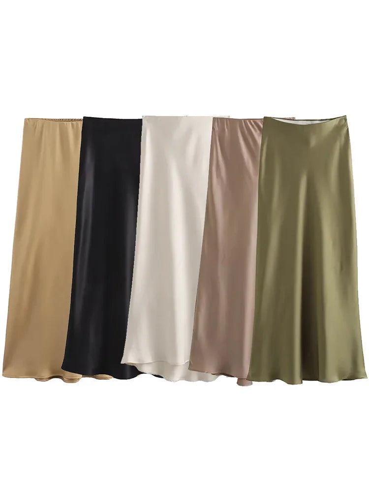 High Waist Satin Midi Skirt