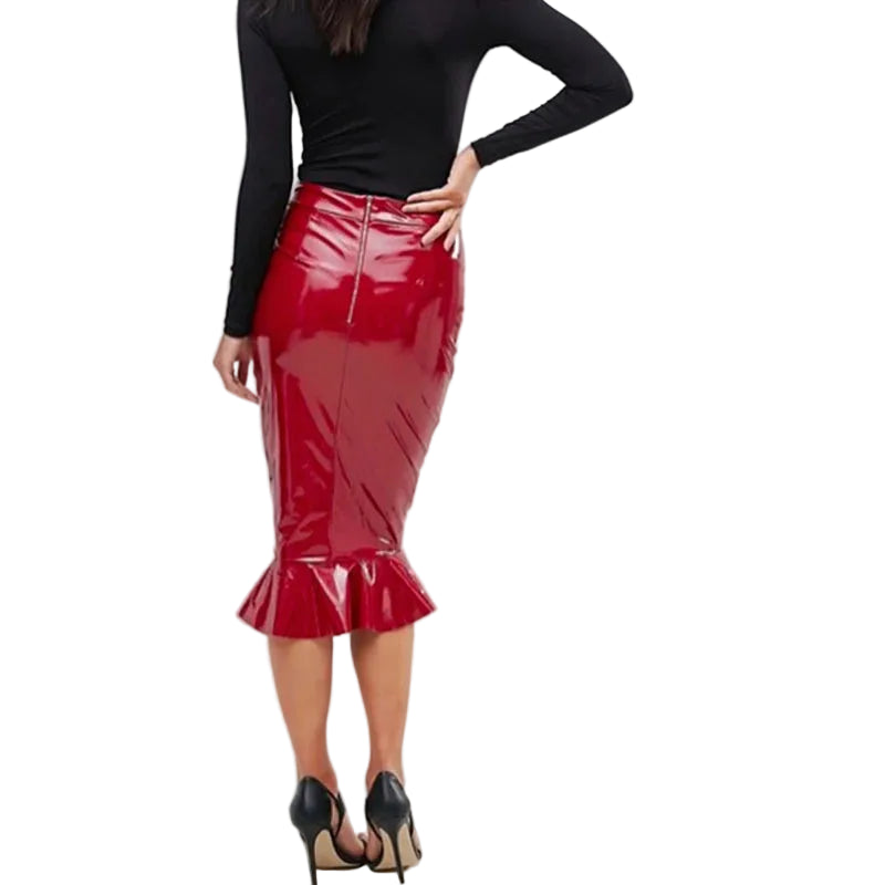 Faux Latex Ruffles Midi Skirt