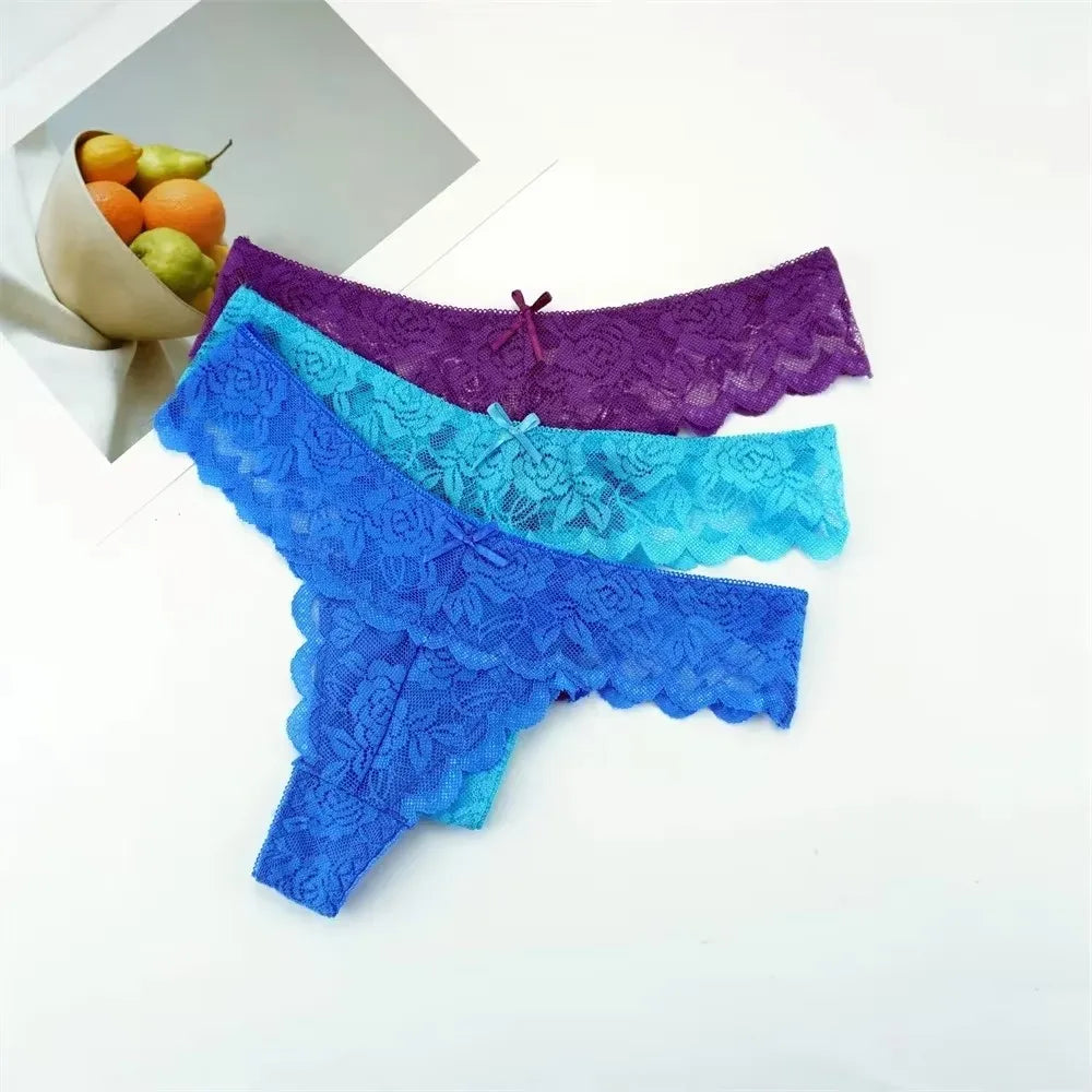 Sheer Lace Thong Panties 3PC