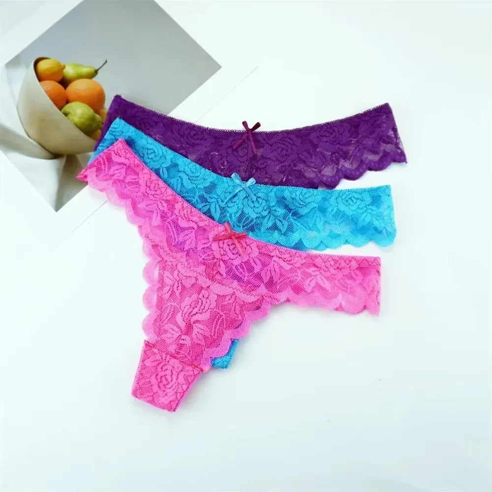 Sheer Lace Thong Panties 3PC