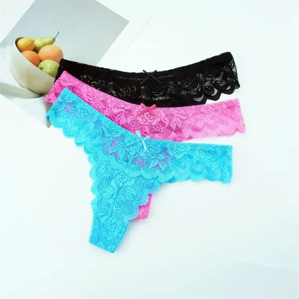 Sheer Lace Thong Panties 3PC