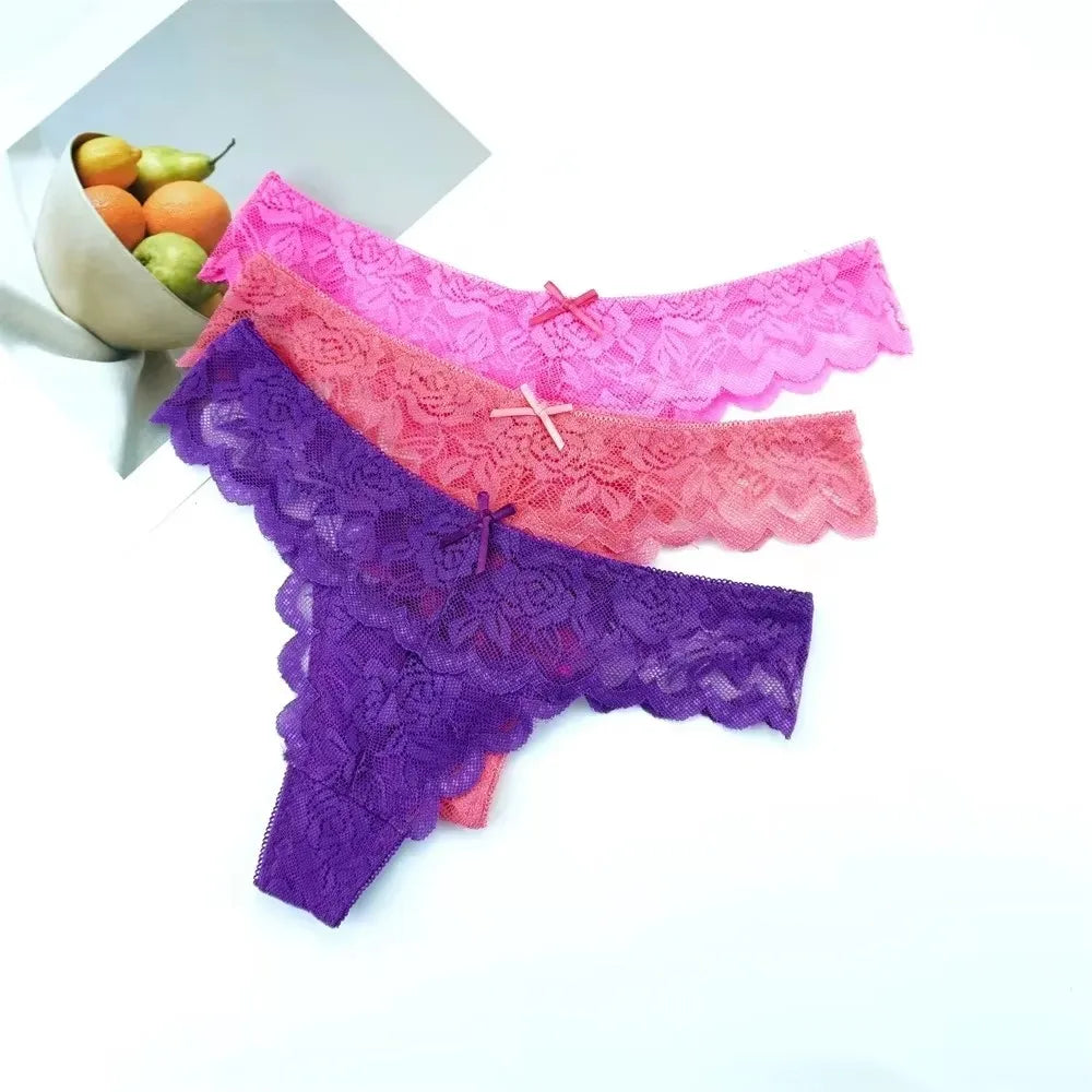Sheer Lace Thong Panties 3PC
