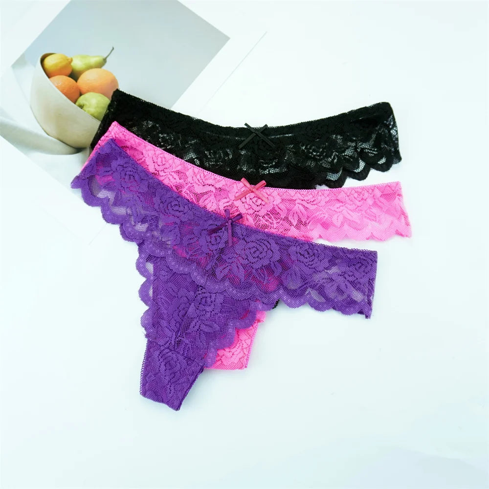 Sheer Lace Thong Panties 3PC