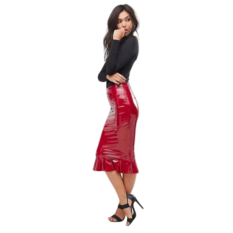 Faux Latex Ruffles Midi Skirt