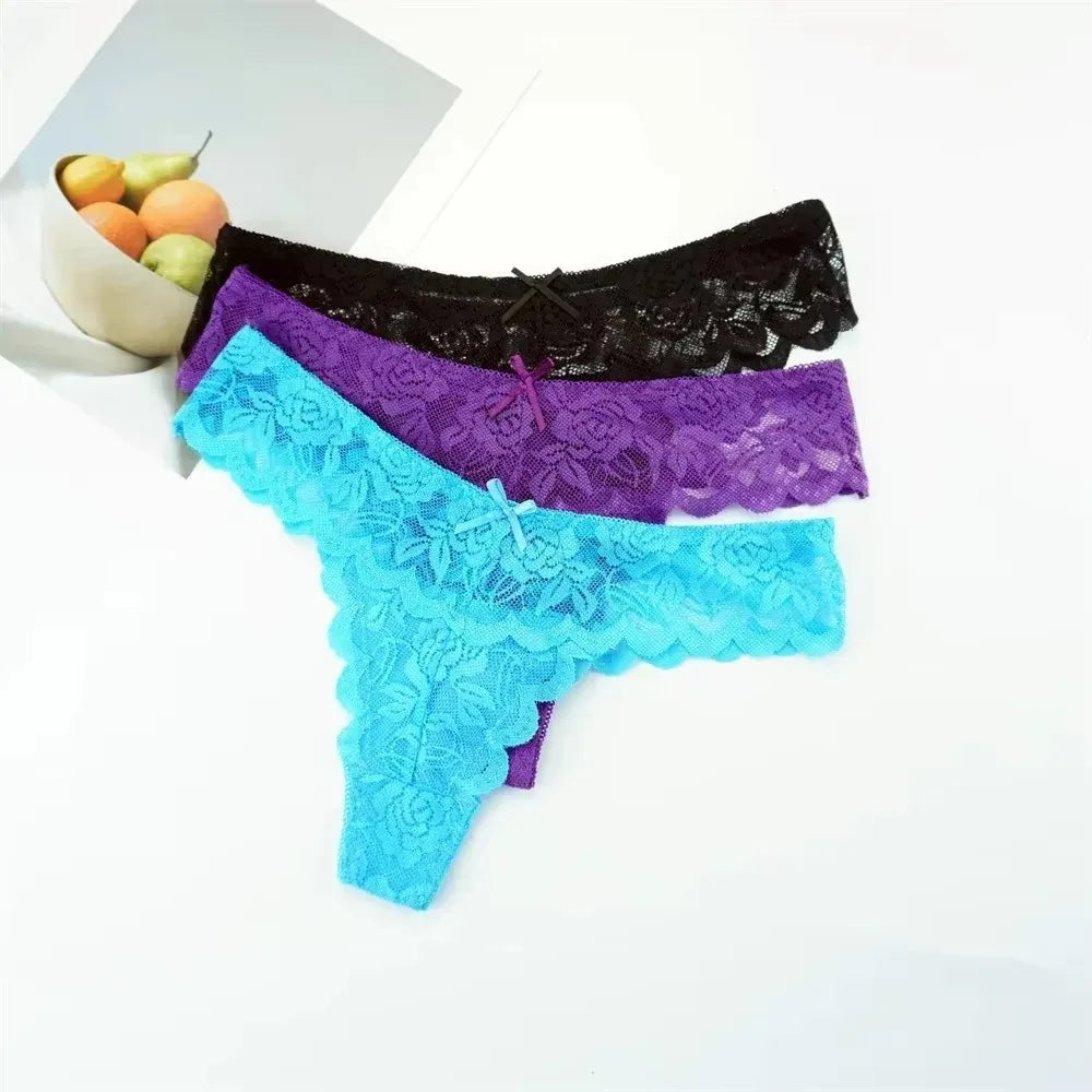 Sheer Lace Thong Panties 3PC