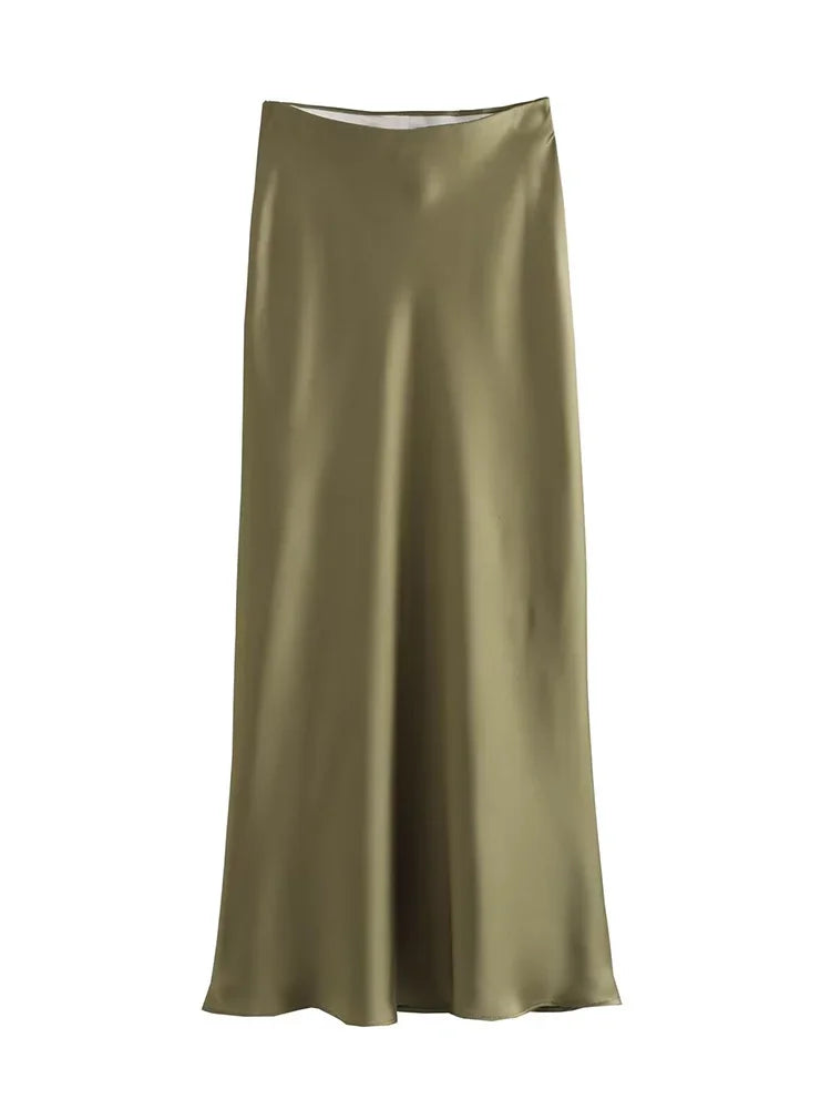 High Waist Satin Midi Skirt