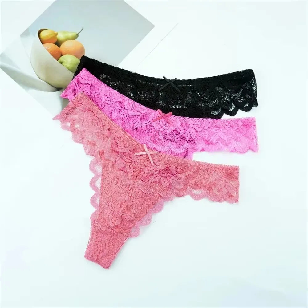 Sheer Lace Thong Panties 3PC