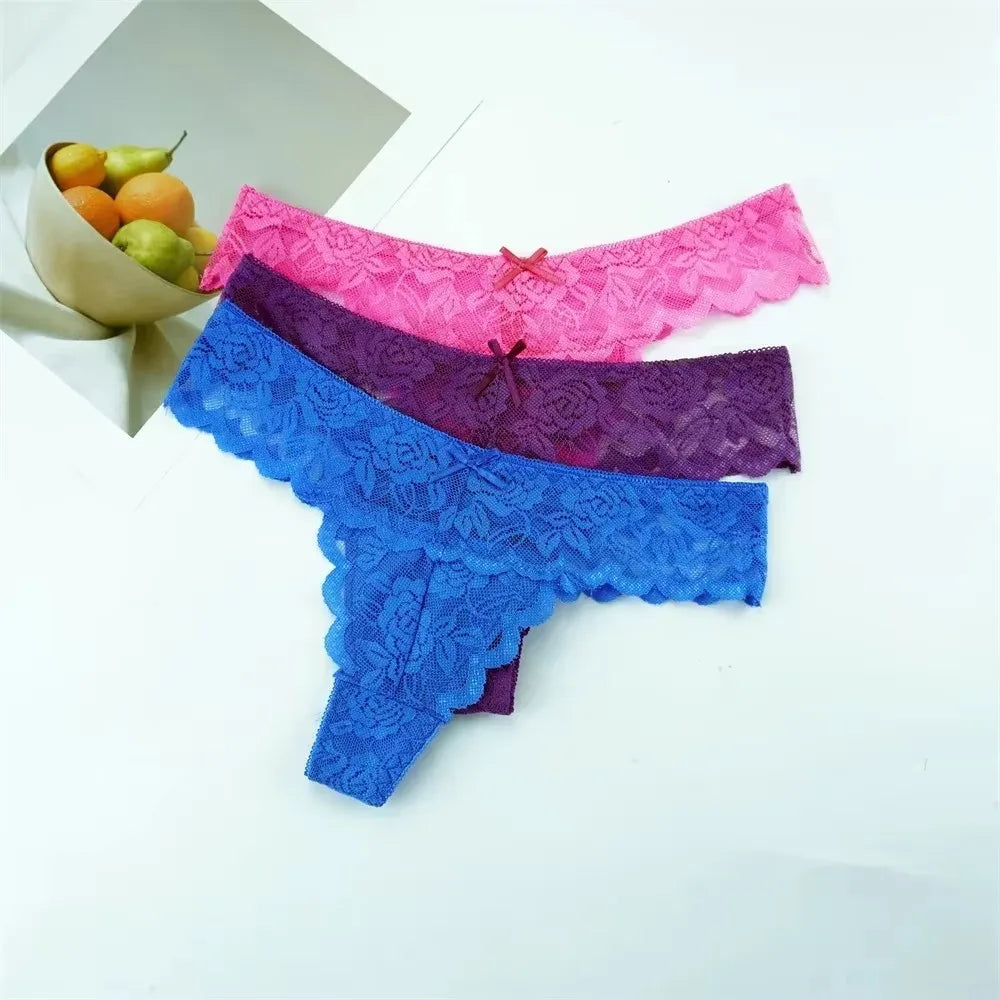 Sheer Lace Thong Panties 3PC
