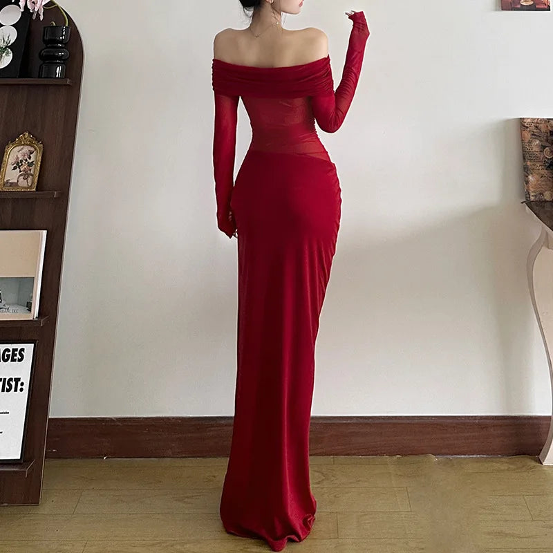 Mesh One Shoulder Long Dress