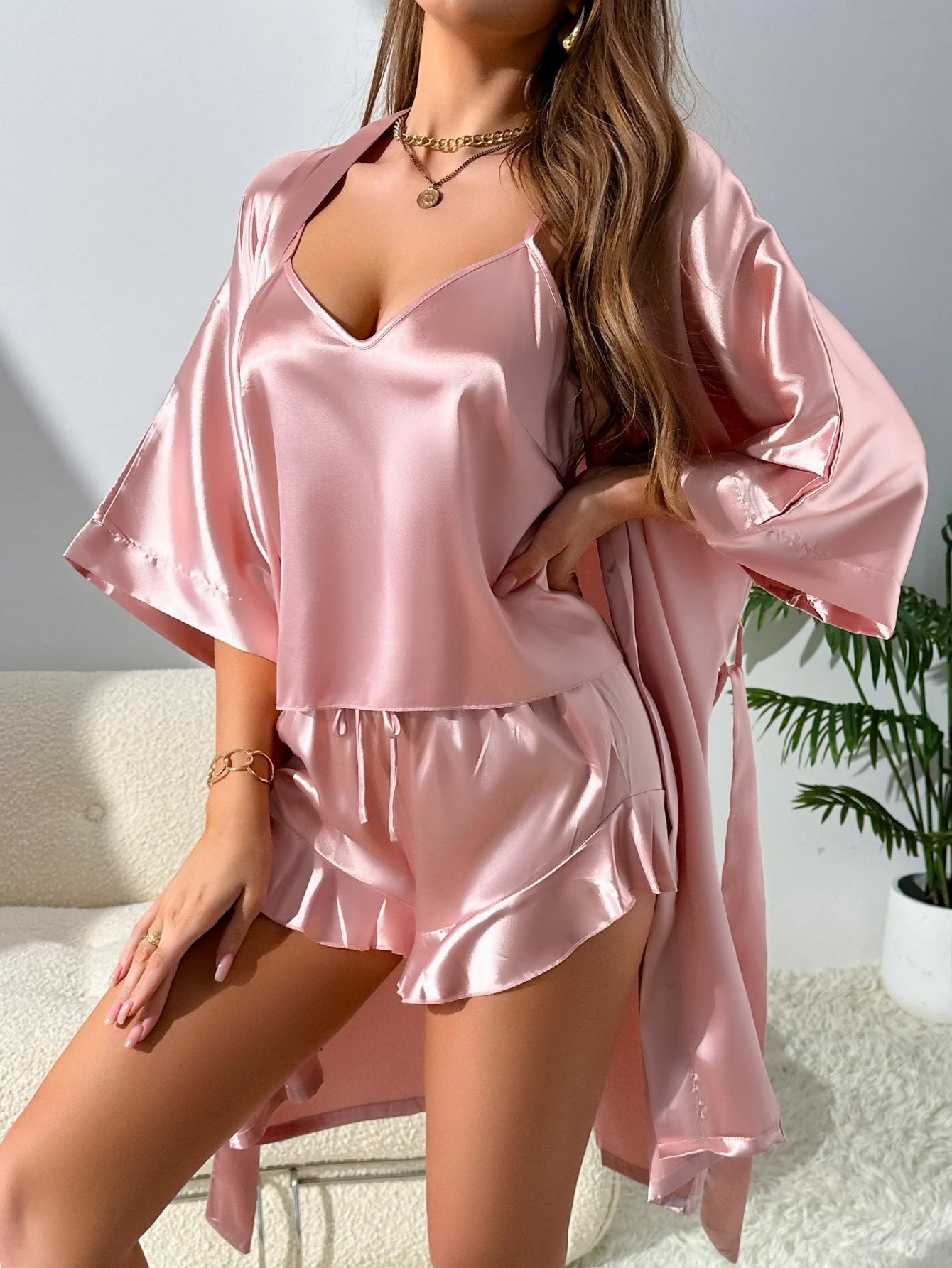 Silky Satin Robe Pajama Set