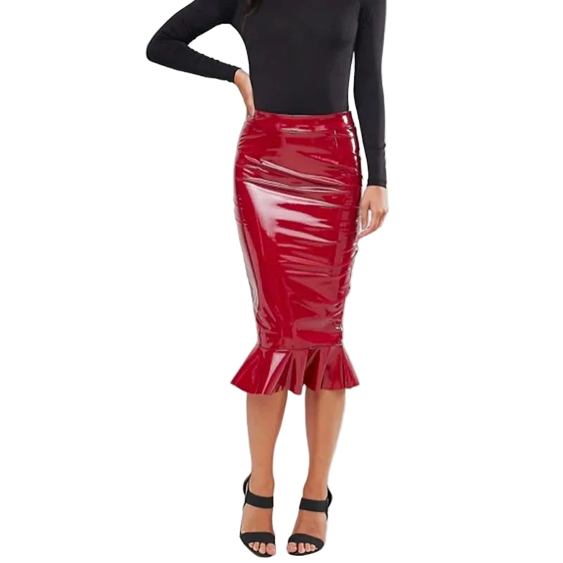 Faux Latex Ruffles Midi Skirt