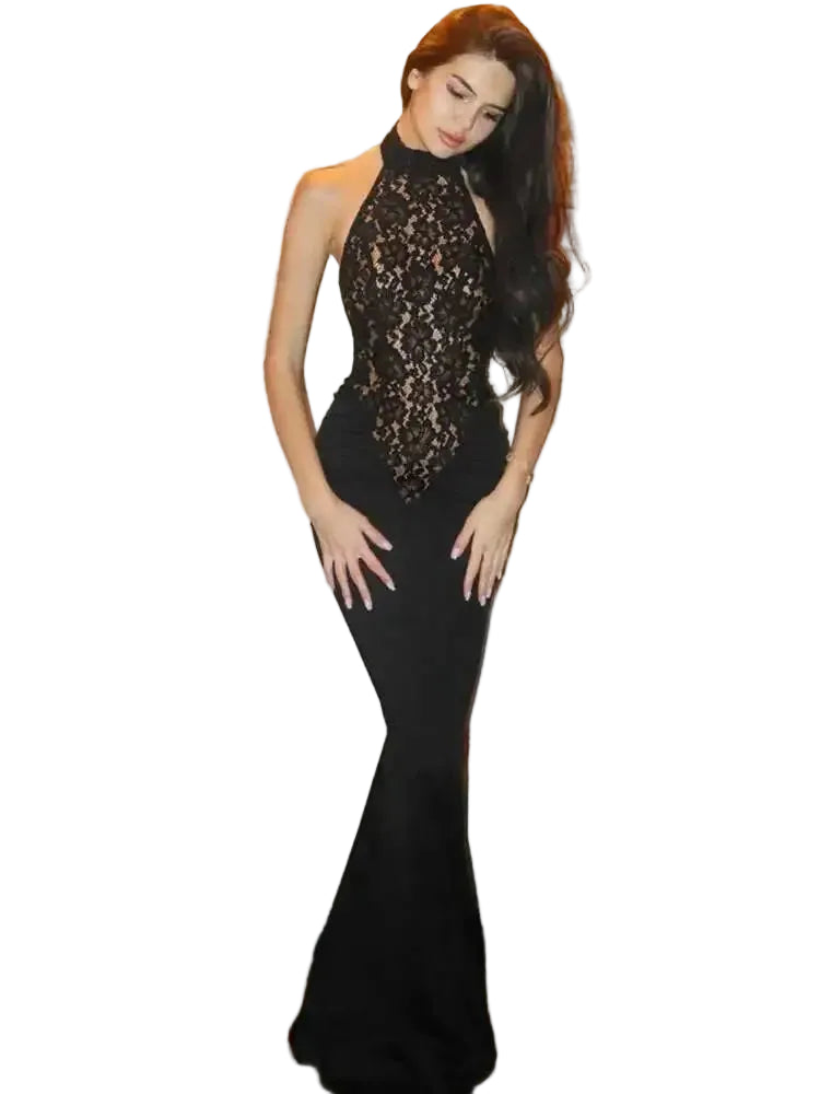 Lace Halter Backless Maxi Dress