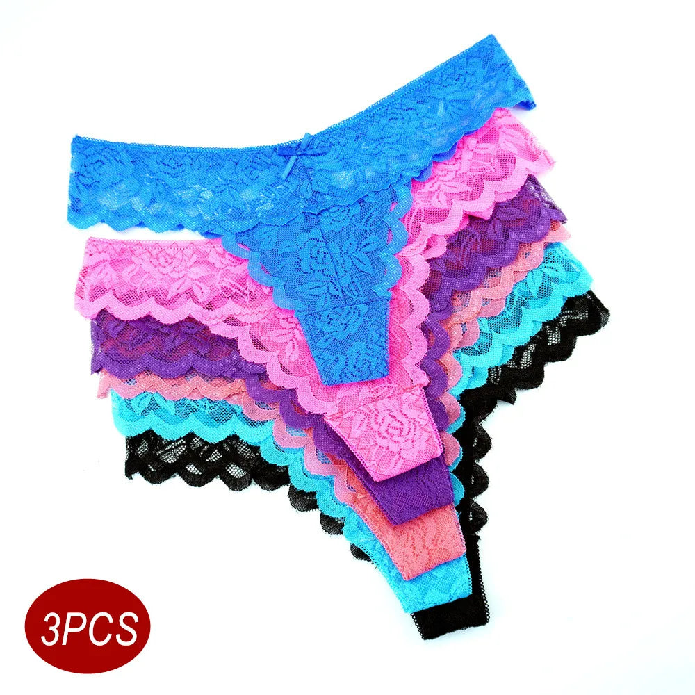 Sheer Lace Thong Panties 3PC