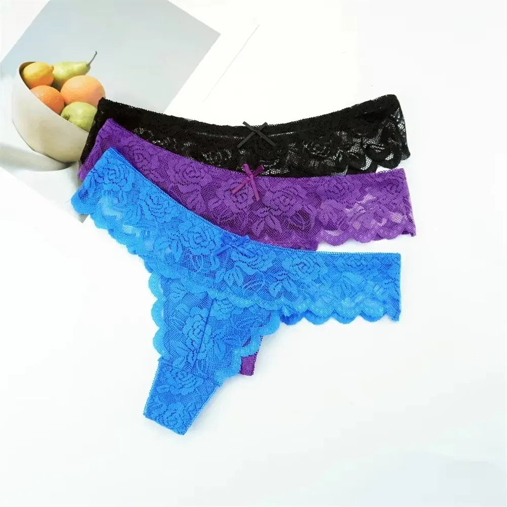 Sheer Lace Thong Panties 3PC