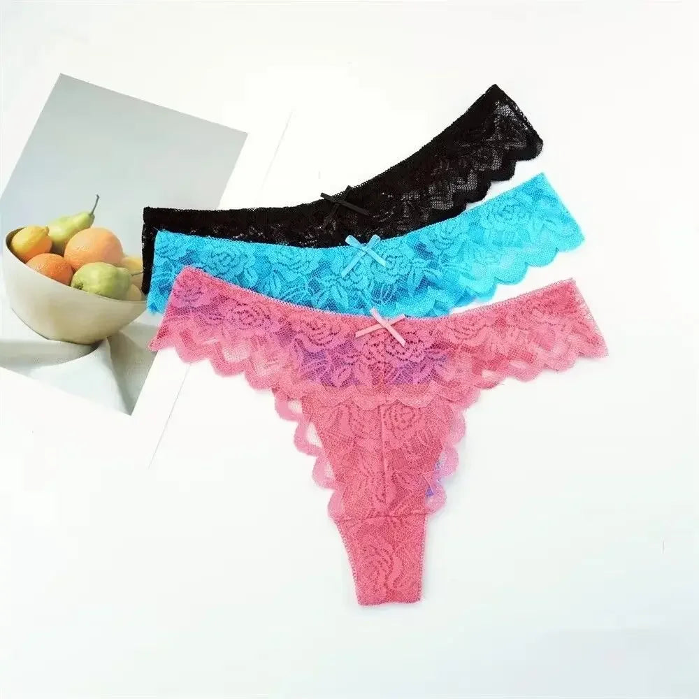 Sheer Lace Thong Panties 3PC